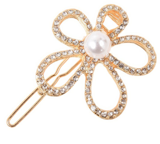 Five Leaf Rhinestone Flower with Center Pearl Hair Pin in Gold