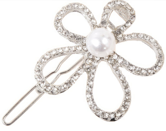 Five Leaf Rhinestone Flower with Center Pearl Hair Pin in Silver