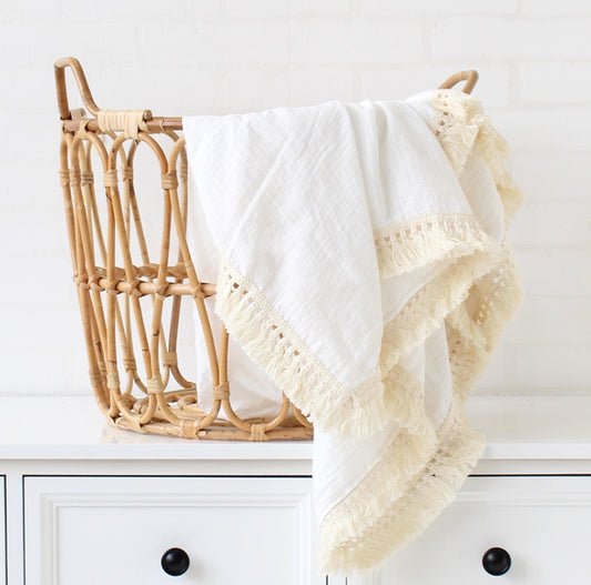 Muslin Receiving Blanket with Fringe 80x65cm in White