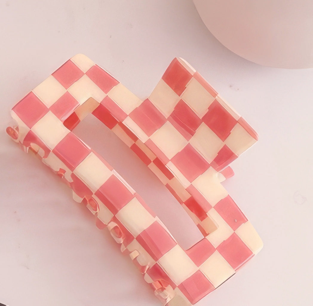 Plaid Large Hair Clip in Pink Creme