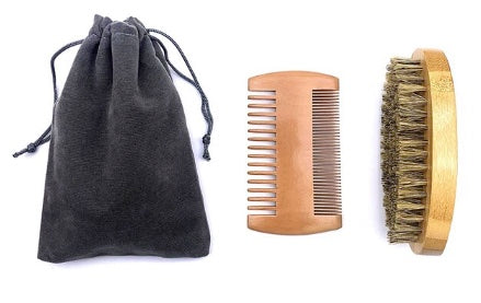 Natural Boar Bristle Brush and Comb Set with Drawstring Bag