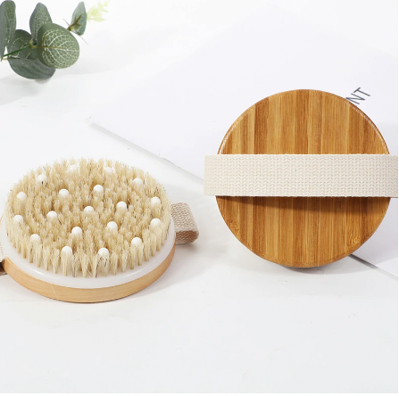 Round Natural Bristle Exfoliating Bath Brush with Massagers and Bamboo Base