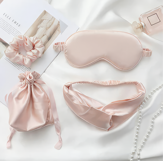 Silk Cotton Sleeping Mask with Head Band and Scrunchie and Bag in Blush