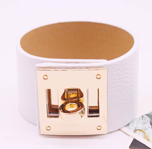 Wide Leather Cuff Bracelet  in White and Gold