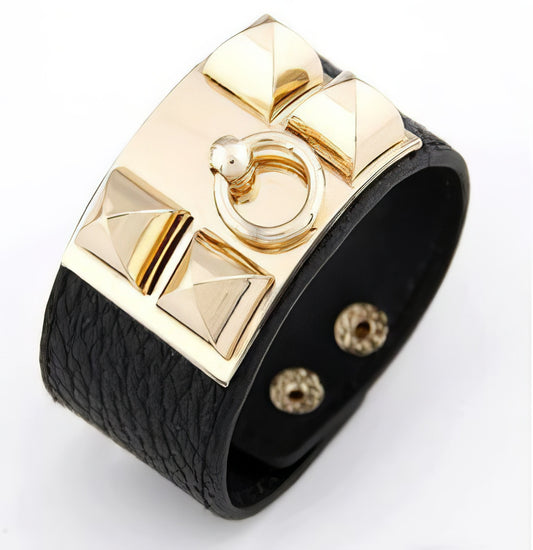 Wide Leather Rivet Stud Cuff Bracelet in Black and Gold