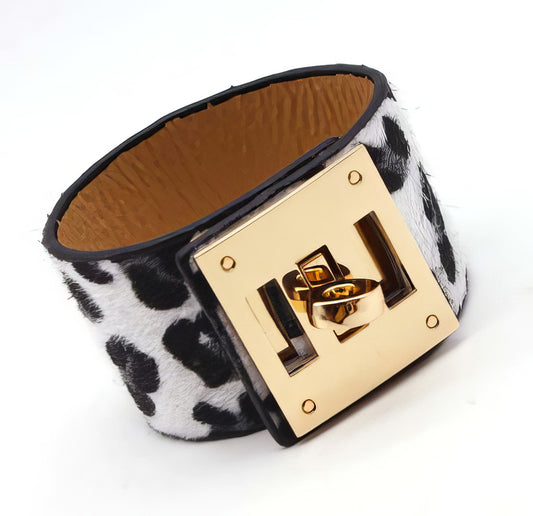 Wide Leather Cuff Bracelet  in White Cheetah and gold