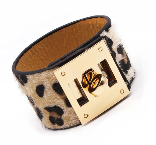 Wide Leather Cuff Bracelet  in Tan Cheetah and Gold