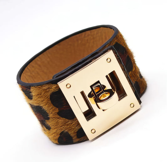 Wide Leather Cuff Bracelet  in Carmel Cheetah and Gold