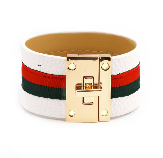 Wide Leather Cuff Bracelet  with red and green ribbon in white