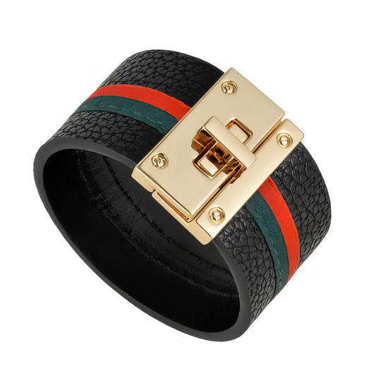 Wide Leather Cuff Bracelet  with red and green ribbon in black