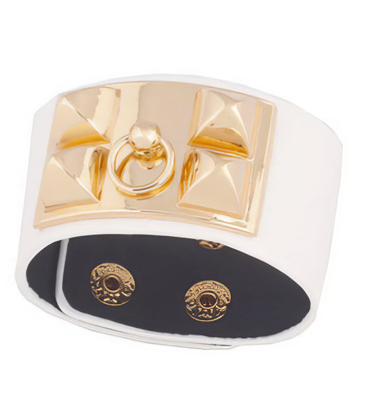 Wide Leather Rivet Stud Cuff Bracelet in White and Gold