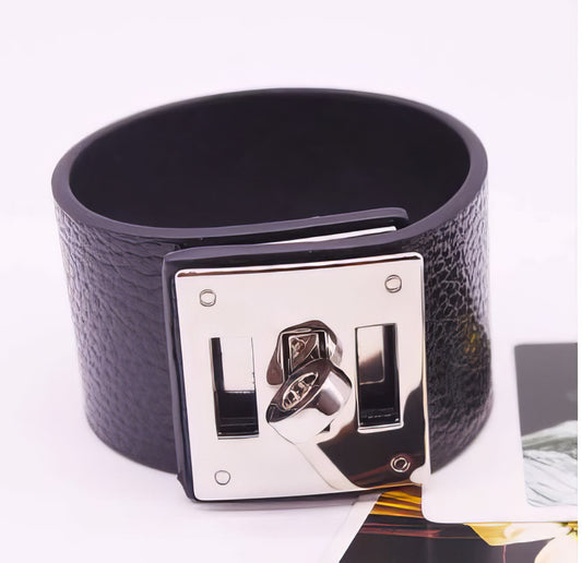 Wide Leather Cuff Bracelet  in Black and Silver