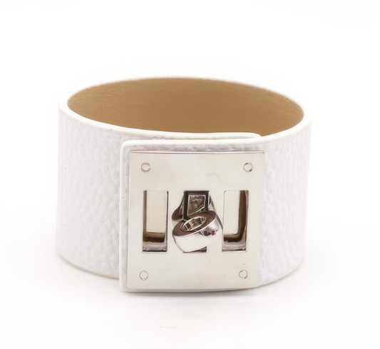 Wide Leather Cuff Bracelet in White and Silver