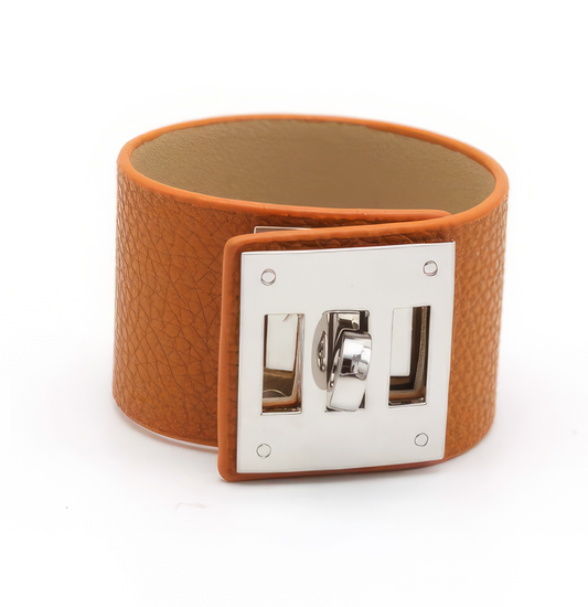 Wide Leather Cuff Bracelet in Caramel and Silver