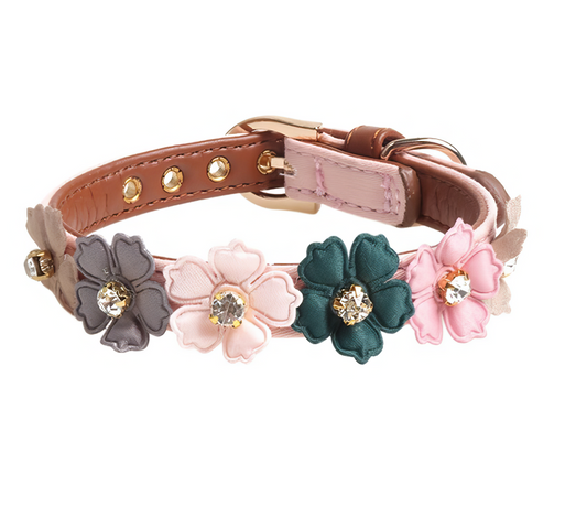 Multi Colored Flower Pink Leather Collar 13in