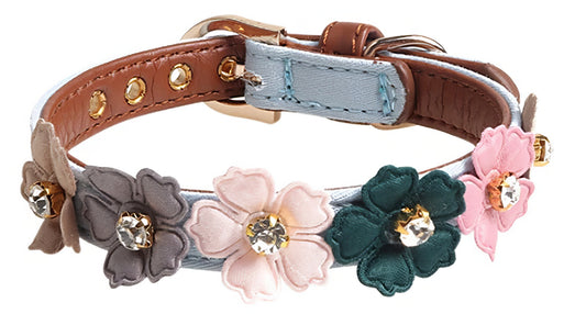 Multi Colored Flower Blue Leather Collar 13in