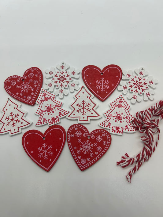Wood Christmas Snowflake Heart Tree Hanging Ornaments Pkg of 10