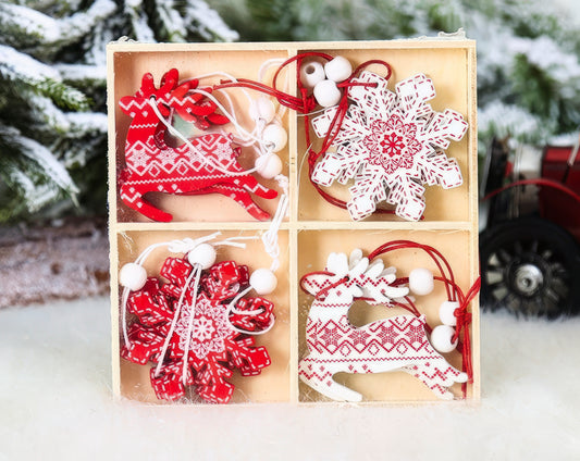 Nordic 12Pcs Wooden Christmas Tree Ornaments in Wood Box