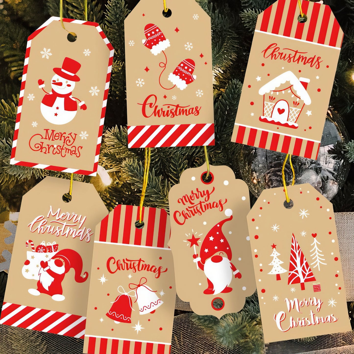 Scandinavian Merry Christmas Gift Tags with Strings Pkg of 10