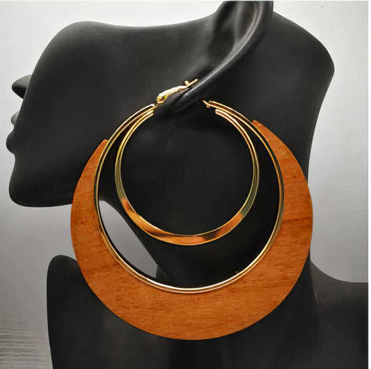 Wood Geometric Hoop Earrings in Saddle and Gold