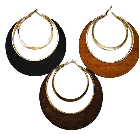 Wood Geometric Hoop Earrings in Umber and Gold