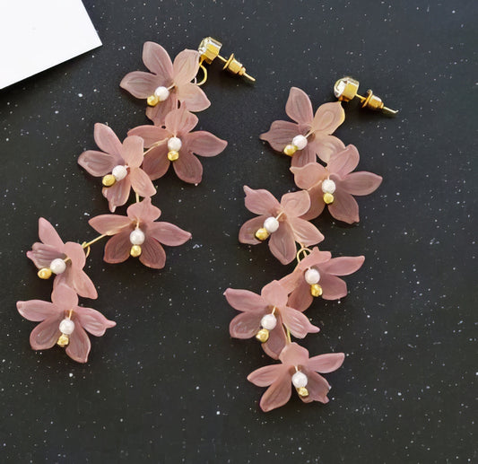 Trendy Flowing Acrylic Flower Earrings in Pink