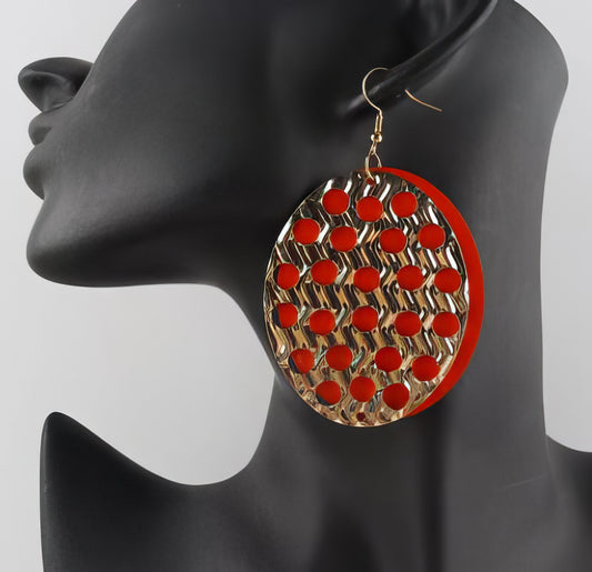 African Wood with Gold Metal Cutout Drop Earrings in Cardinal
