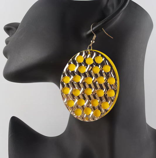 African Wood with Gold Metal Cutout Drop Earrings in Canary