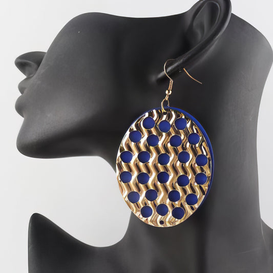 African Wood with Gold Metal Cutout Drop Earrings in Royal