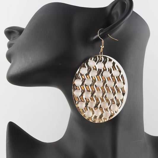 African Wood with Gold Metal Cutout Drop Earrings in White