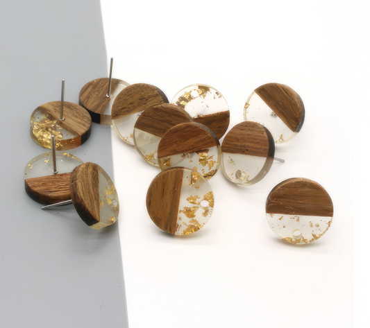 Wood Clear Resin Studs with Gold Fleck Earrings