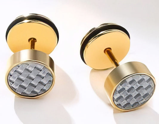 8mm Mens Carbon Fiber Stud Earrings in Gold