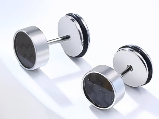 8mm Mens Carbon Fiber Stud Earrings in Silver