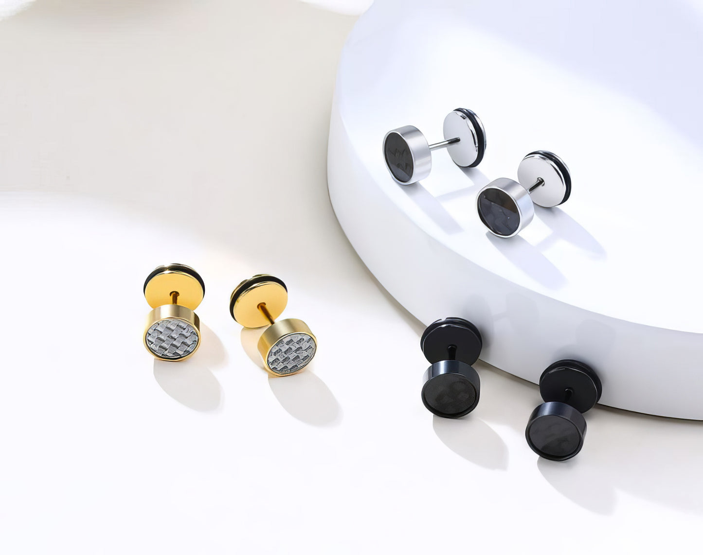 8mm Mens Carbon Fiber Stud Earrings in Silver