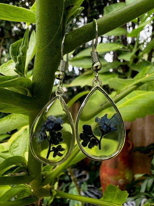 Water Drop Handmade Pressed Dried Flower Dangle Earrings in Cornflower Blue