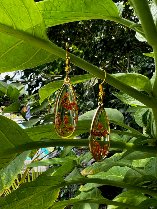 Water Drop Handmade Pressed Dried Flower Dangle Earrings in Orange Blush