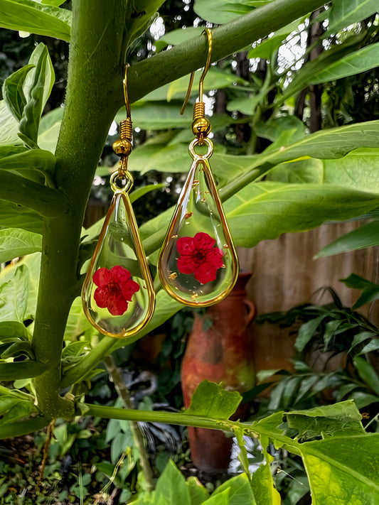 Water Drop Handmade Pressed Dried Flower Dangle Earrings in Red