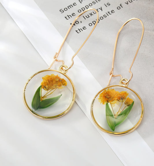 Unique Transparent Floral Hoop Dangle Earrings in Green and Yellow