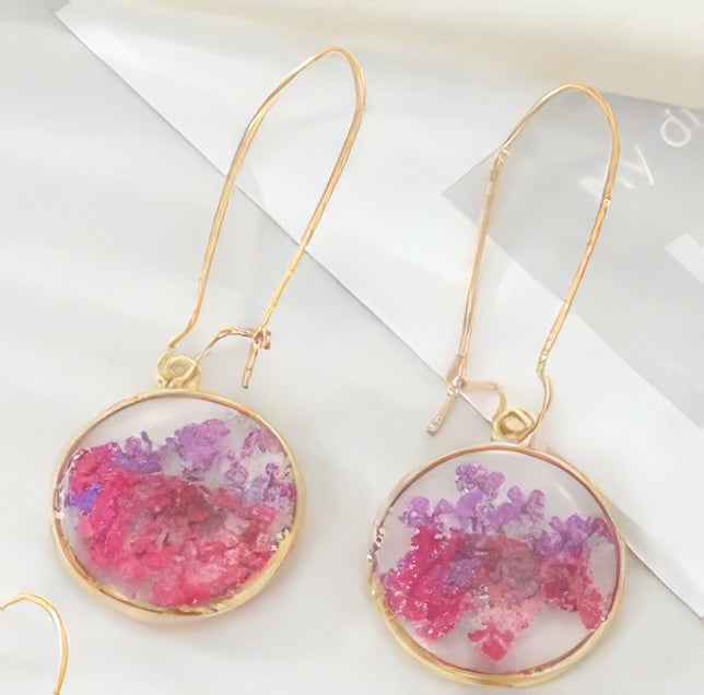 Unique Transparent Floral Hoop Dangle Earrings in Pink and Purple