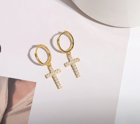 18K Gold Plated Zircon Cross Drop Earrings in Gold