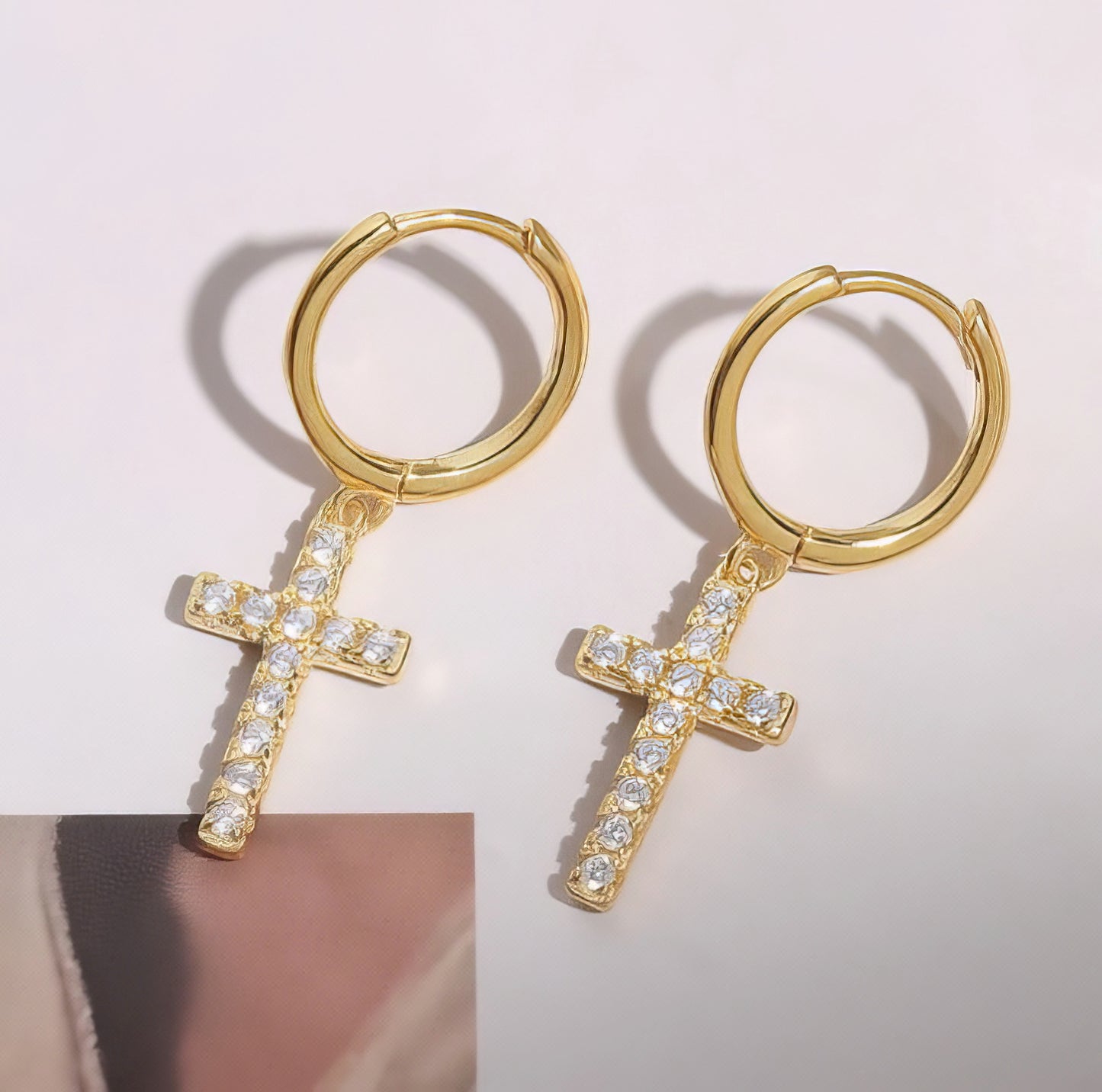 18K Gold Plated Zircon Cross Drop Earrings in Gold