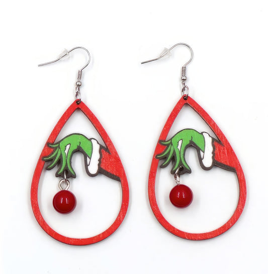 Christmas Character Hand with Hanging Bead Wooden Earrings