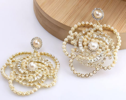 Luxury Sparkling Rhinestone Camellia Pearl Earrings