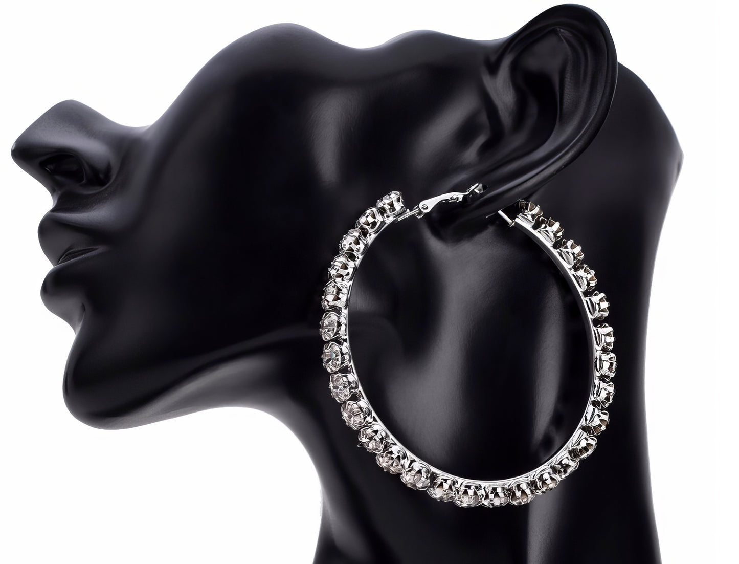 Trendy Oversize Geometric Big 4 inch Rhinestone Hoop Earrings in Silver