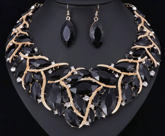Designer inspired Black Acrylic Necklace and Earrings Set with Crystal accents in Black and Gold