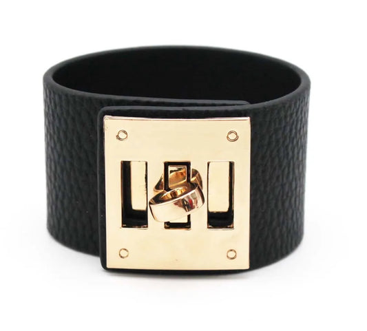 Wide Leather Cuff Bracelet in Black and Gold