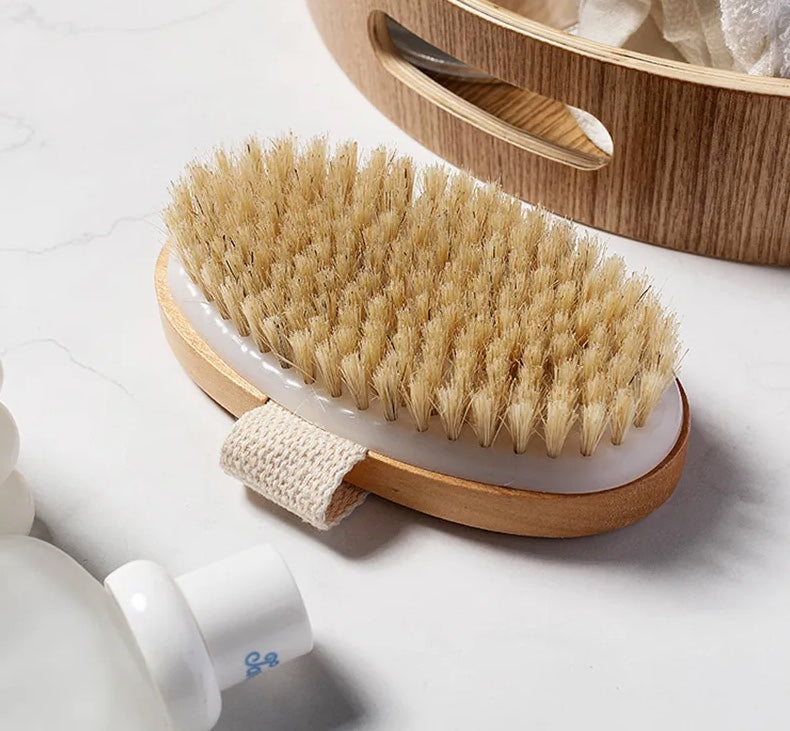 Oval Natural Bristle Exfoliating Bath Brush with Bamboo Base