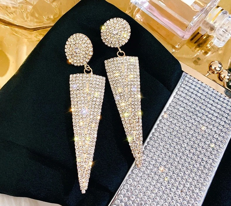 Luxury Shining Triangle Crystal Drop Earrings Gold