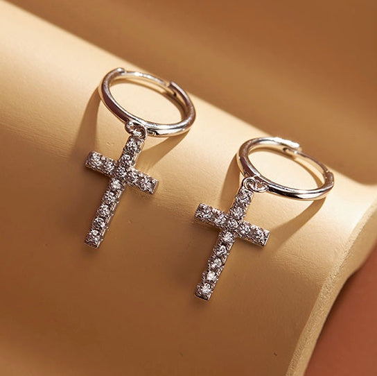 18K Gold Plated Zircon Cross Drop Earrings in Silver