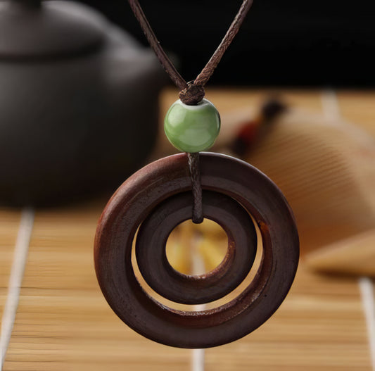Wooden Double-circle Pendant leather Rope Necklace in Brown and Green